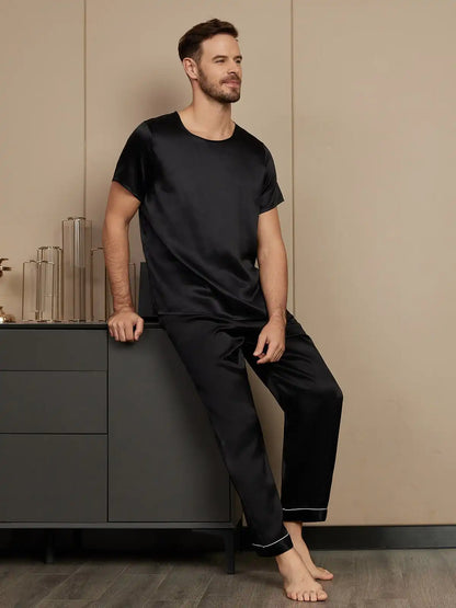 100% Mulberry Silk Short Sleeve Round Neck Men's Pajamas Set with Pants