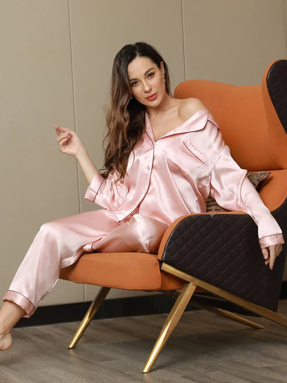 Clearance - Women's 100% Mulberry Silk Long Sleeve Lapel Collar Pajamas Set