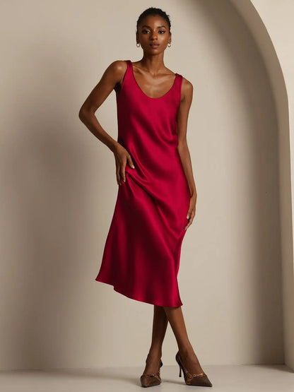 100% Mulberry Silk Sleeveless U Neck Midi Long Dress