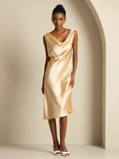 19Momme Silk Sleeveless Cowl Neck Knee Elegant Dress