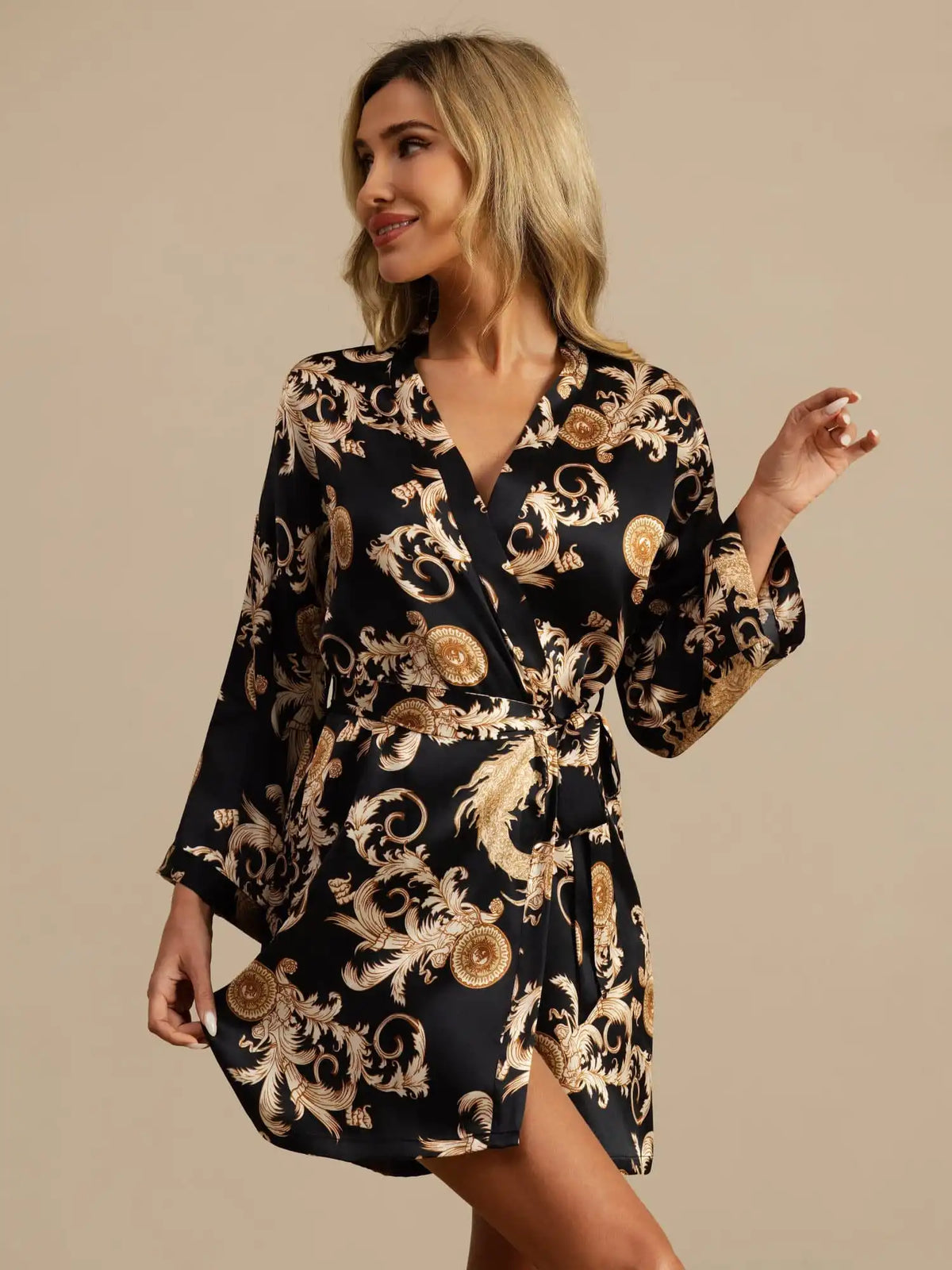 100% Mulberry Silk Dragon Print 3/4 Sleeve Women's Kimono Robe With Belt