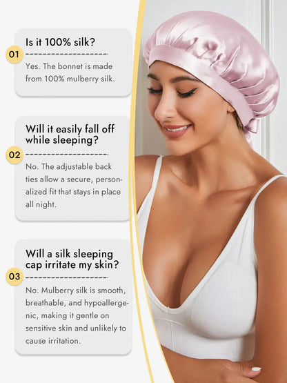 100% Mulberry Silk Sleep Bonnet with Ribbons