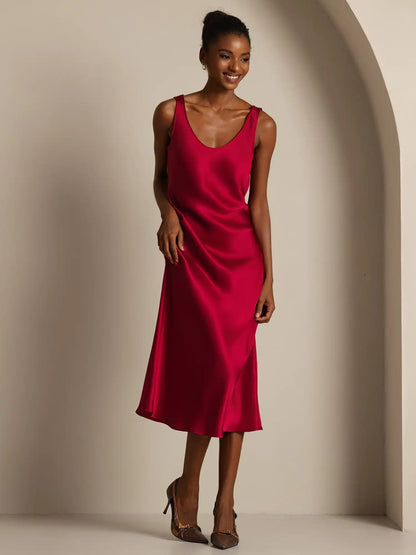 100% Mulberry Silk Sleeveless U Neck Midi Long Dress