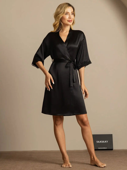 100% Mulberry Silk Basic Women's Robe with Lace Design