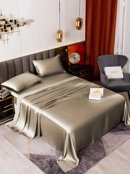 19Momme 4Pcs 100% Mulberry Silk Bedding Set Fitted&Flat Sheets+2x Pillowcases