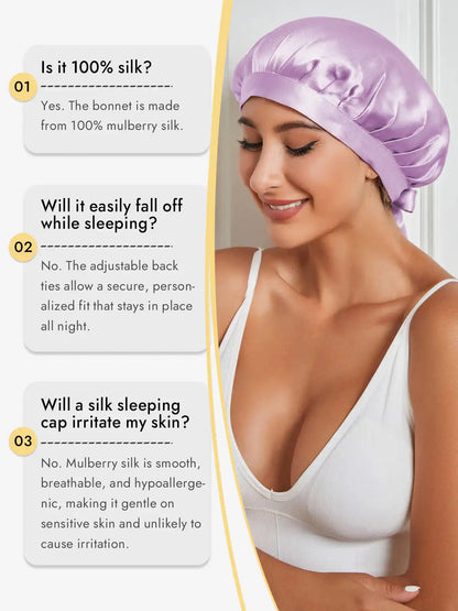 100% Mulberry Silk Sleep Bonnet with Ribbons