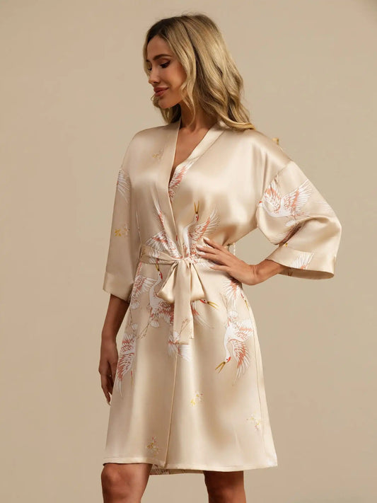 Clearance - 19Momme 100% Mulberry Silk Crane Print Belted Wrap Women's Kimono Robe