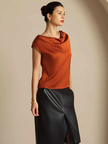 19Momme Women's Silk Cap Sleeve Cowl Neck Top
