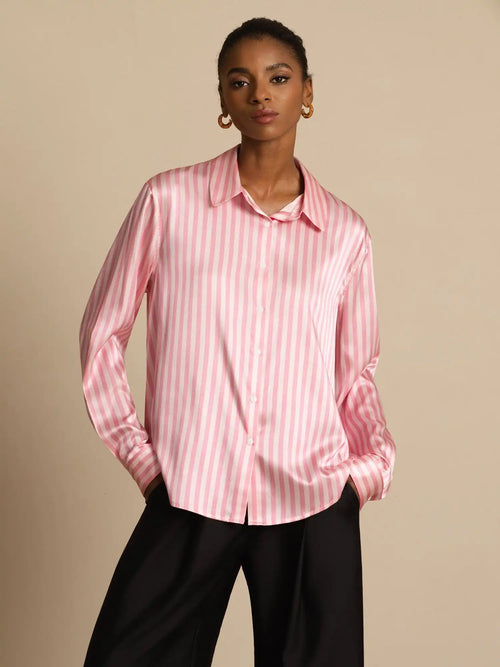 19Momme Silk Stripe Print Long Sleeve Lapel Collar Women's Shirt