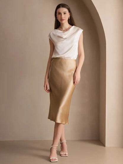 19Momme Silk Cap Sleeve Cowl Neck Women's Top