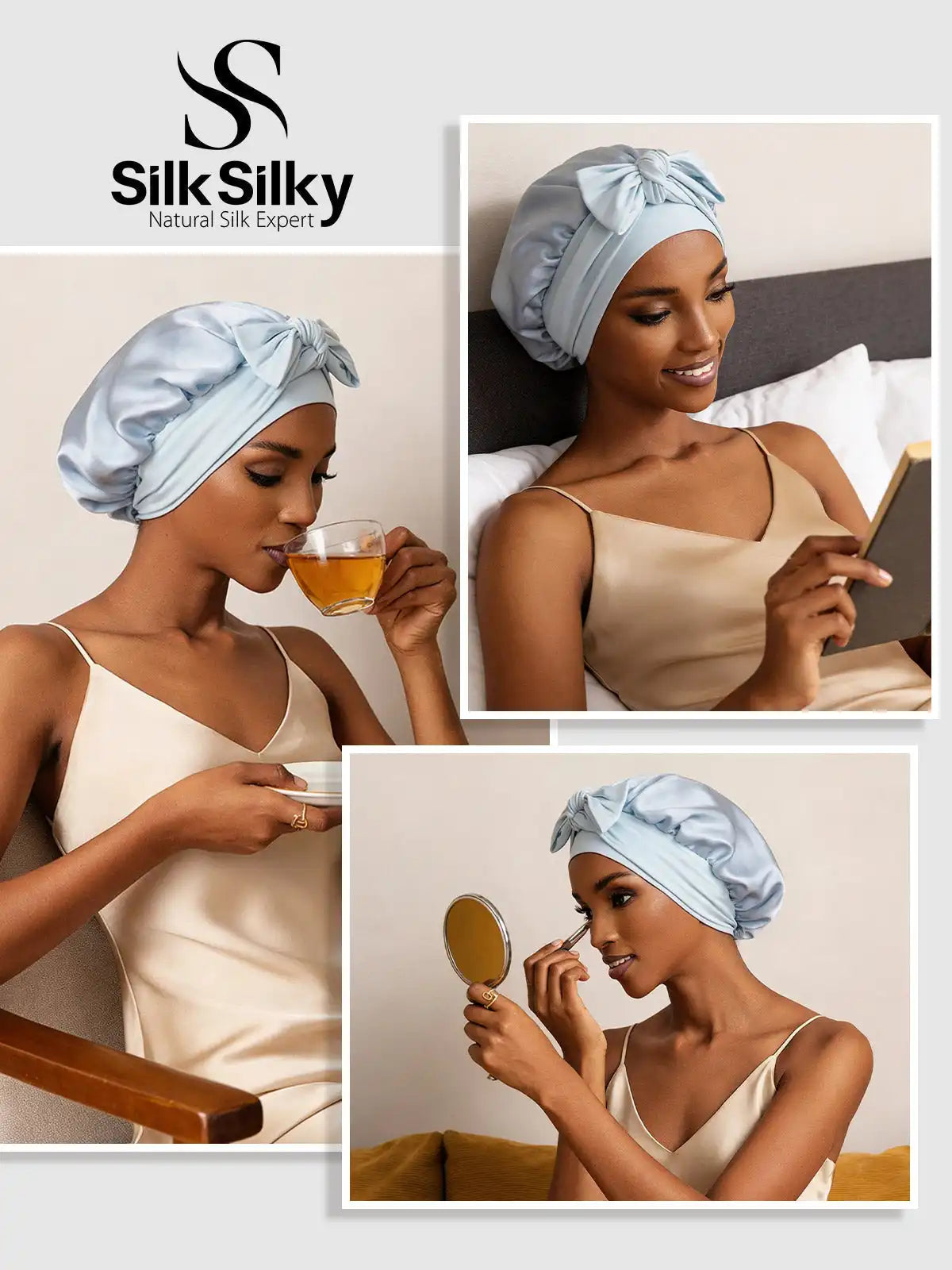 100% Mulberry Silk Double-Layer Bonnet with Adjustable Long Tie