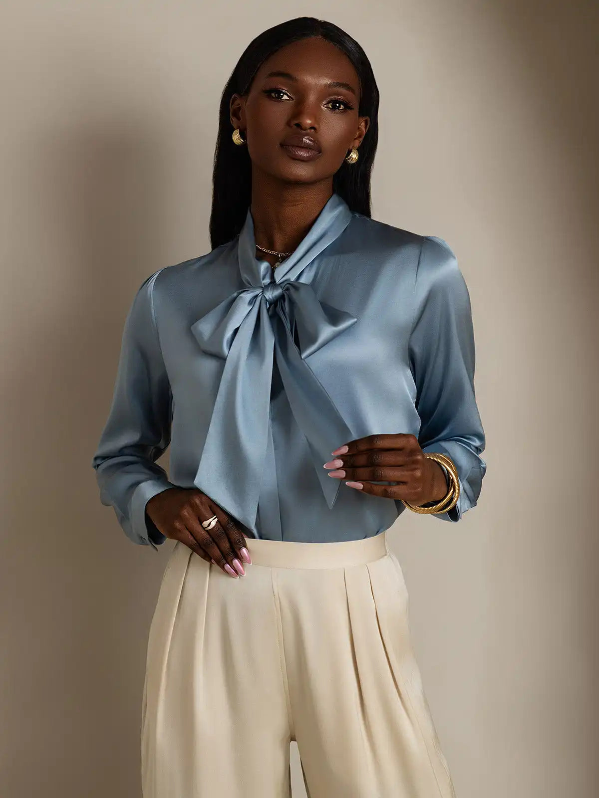 Elegant 19Momme Silk Long Sleeve Tie Neck Blouse