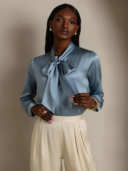Elegant 19Momme Silk Long Sleeve Tie Neck Blouse