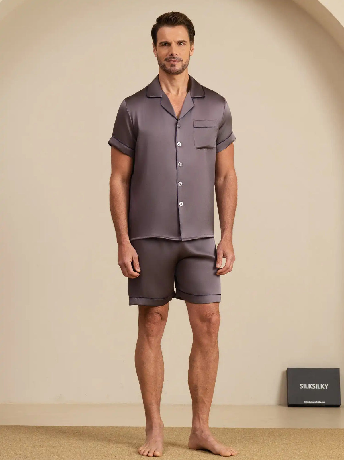 100% Mulberry Silk Short Sleeve Notch Collar Men's Pajamas Set with Shorts