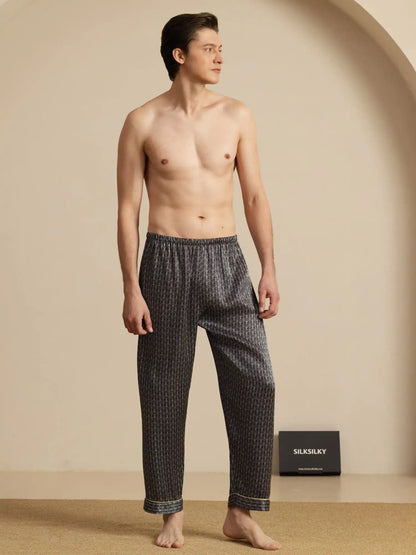 Men's 100% Mulberry Silk Ginkgo Print Sleep Pants with Elastic Waist