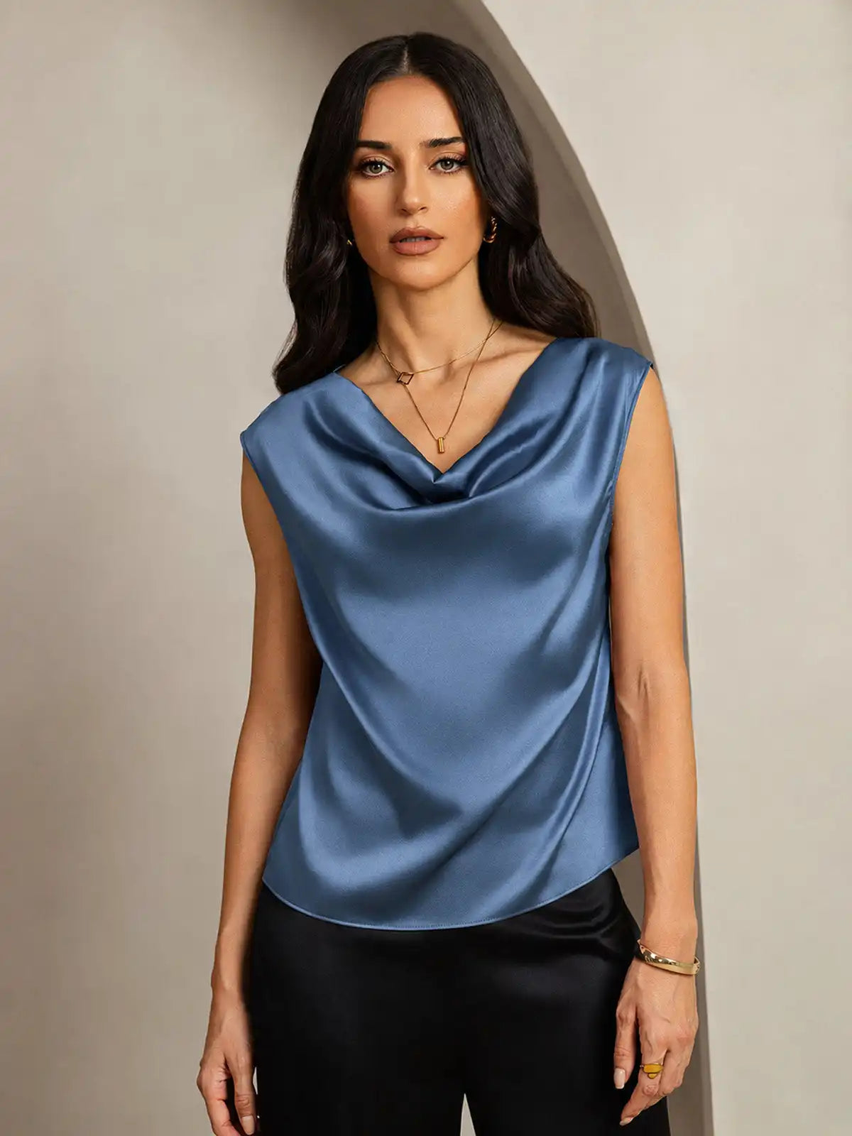 19Momme Silk Cap Sleeve Cowl Neck Women's Top