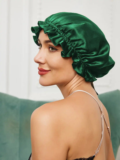 100% Mulberry Silk Sleep Cap Double Layer Bonnet with Ribbon