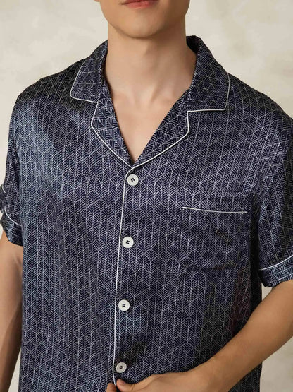 Men's 100% Mulberry Silk Ginkgo Print Short Sleeve Lapel Collar Pajamas Set