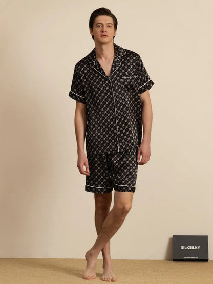 Clearance - 100% Mulberry Silk Short Sleeve Notch Collar Men's Chain Print Pajamas Set with Shorts