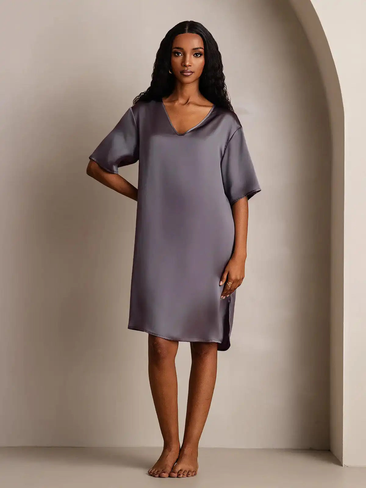 100% Mulberry Silk Half Sleeve V-neck Short Nightgown with Split Design
