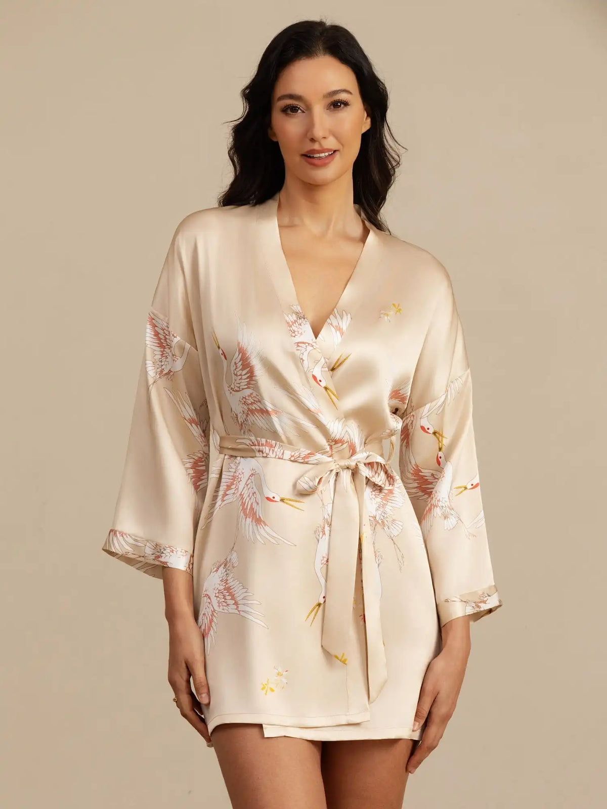 Clearance - 19Momme 100% Mulberry Silk Crane Print 3/4 Sleeve Short Women's Kimono Robe