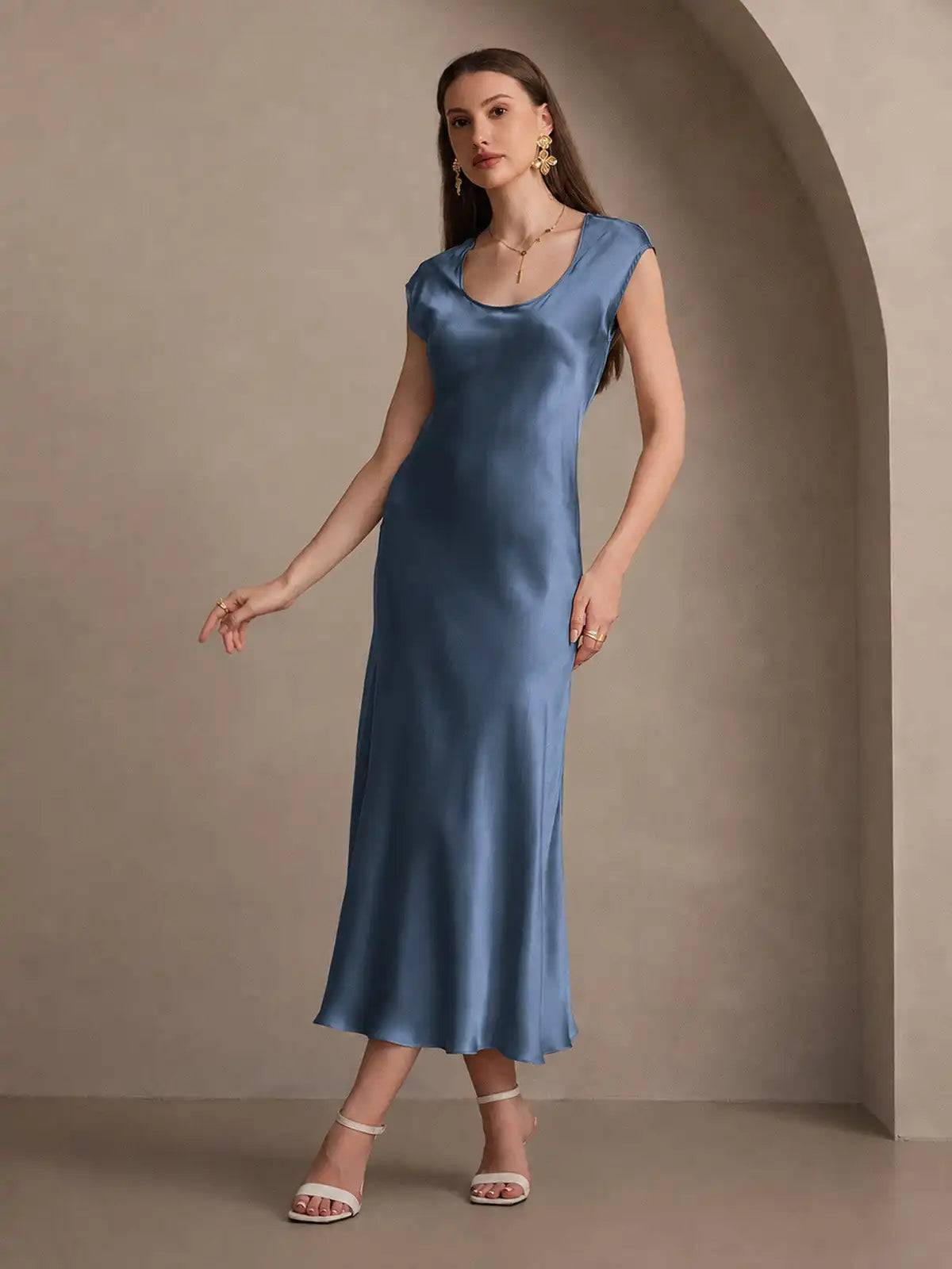 19Momme Silk Cap Sleeve Round Neck Midi Dress