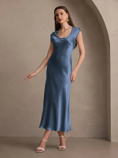 19Momme Silk Cap Sleeve Round Neck Midi Dress