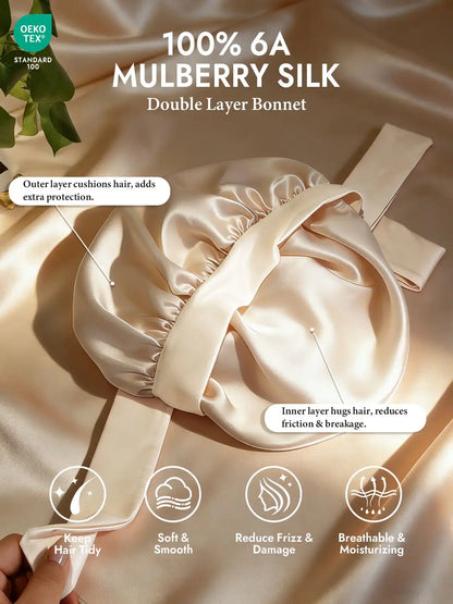 100% Mulberry Silk Double-Layer Bonnet with Adjustable Long Tie