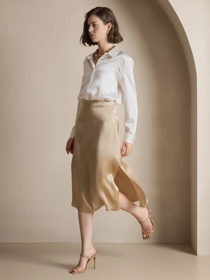 19Momme Silk Long Sleeve Lapel Collar Women's Shirt with Button Up Design