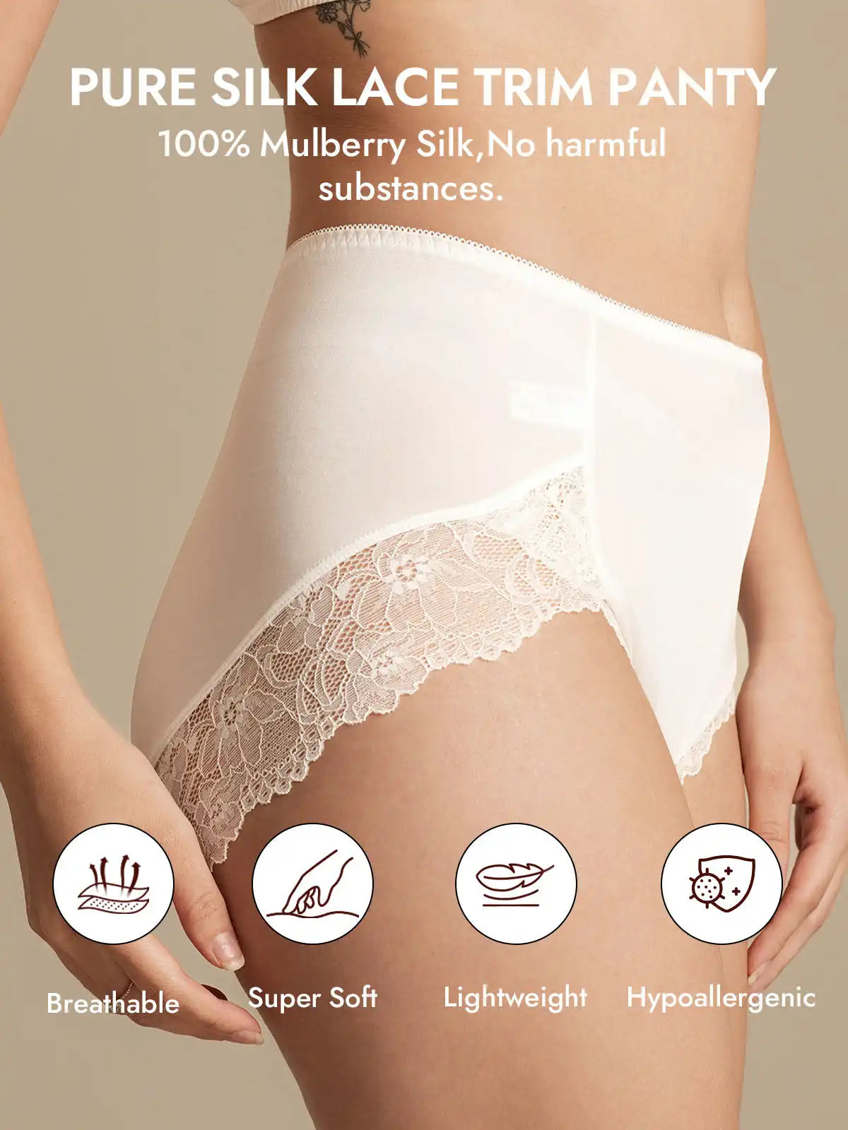 100% Mulberry Silk High Rise Knickers Lace Trim Panty