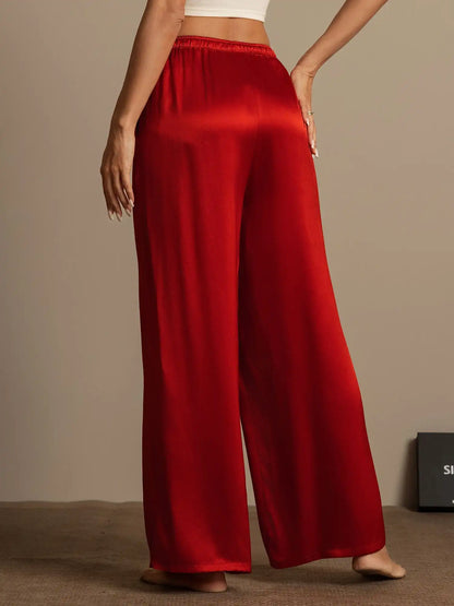 100% Mulberry Silk Wide Leg Women's Pants with Elastic Waist Design