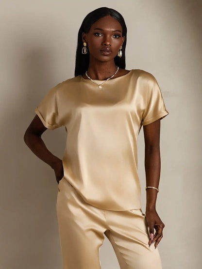 Clearance - 19Momme Silk Short Sleeve Boat Neck Cuffed Sleeve Women's T-Shirt