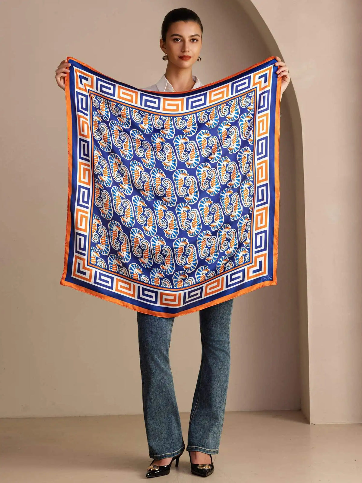 100% Mulberry Silk  Seahorse Pattern Scarf - Size 90x90cm
