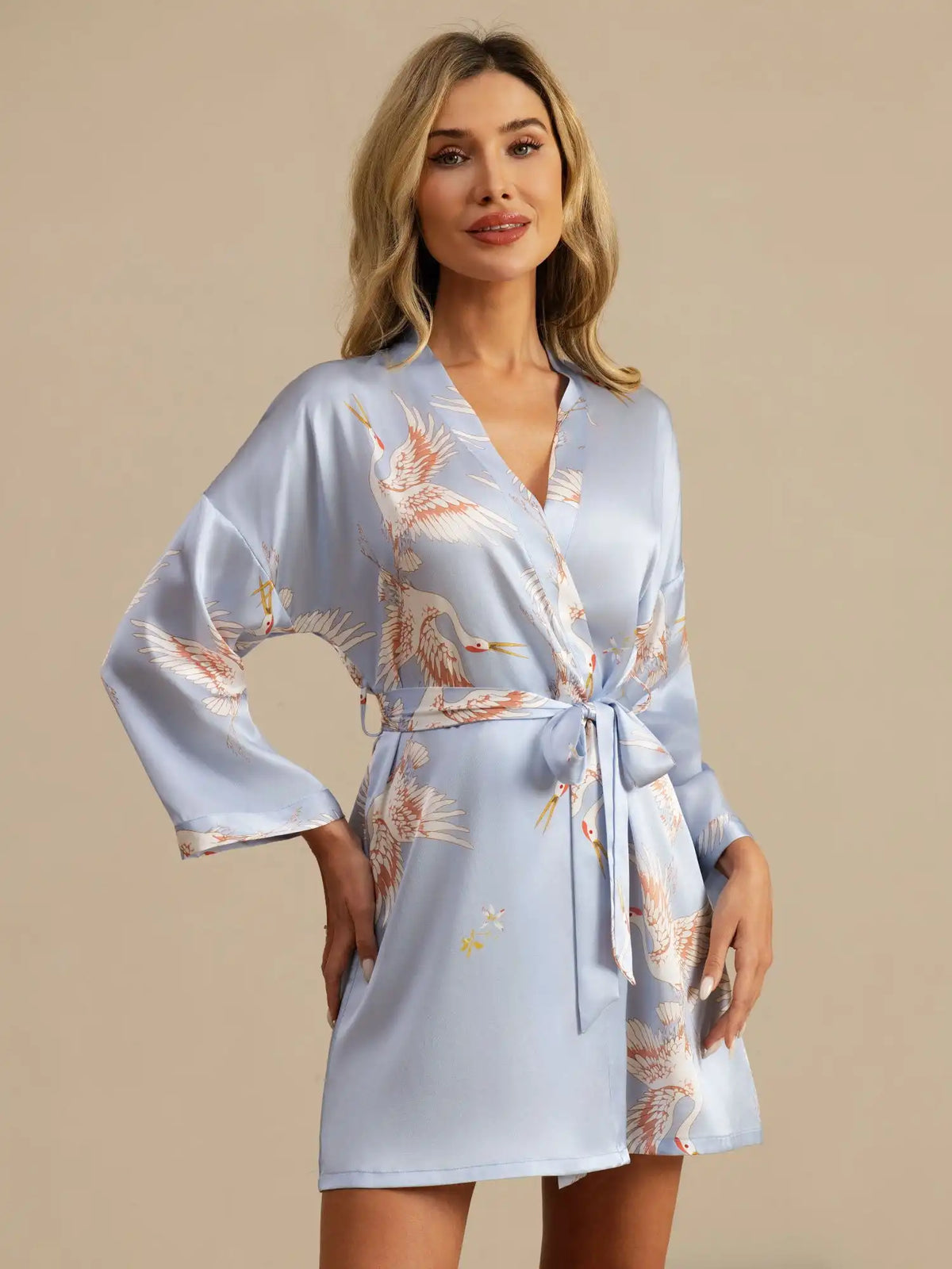 19Momme Women's 100% Mulberry Silk Crane Print 3/4 Sleeve Short Kimono Robe