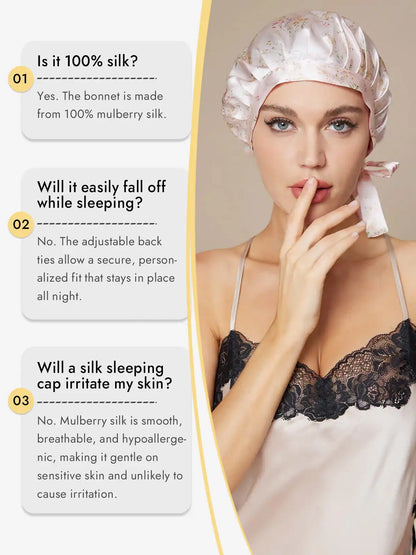 100% Mulberry Silk Sleep Bonnet with Ribbons