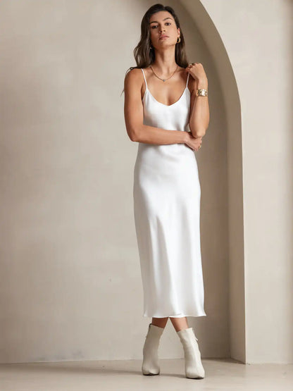 100% Mulberry Silk Spaghetti Strap V Neck Midi Dress