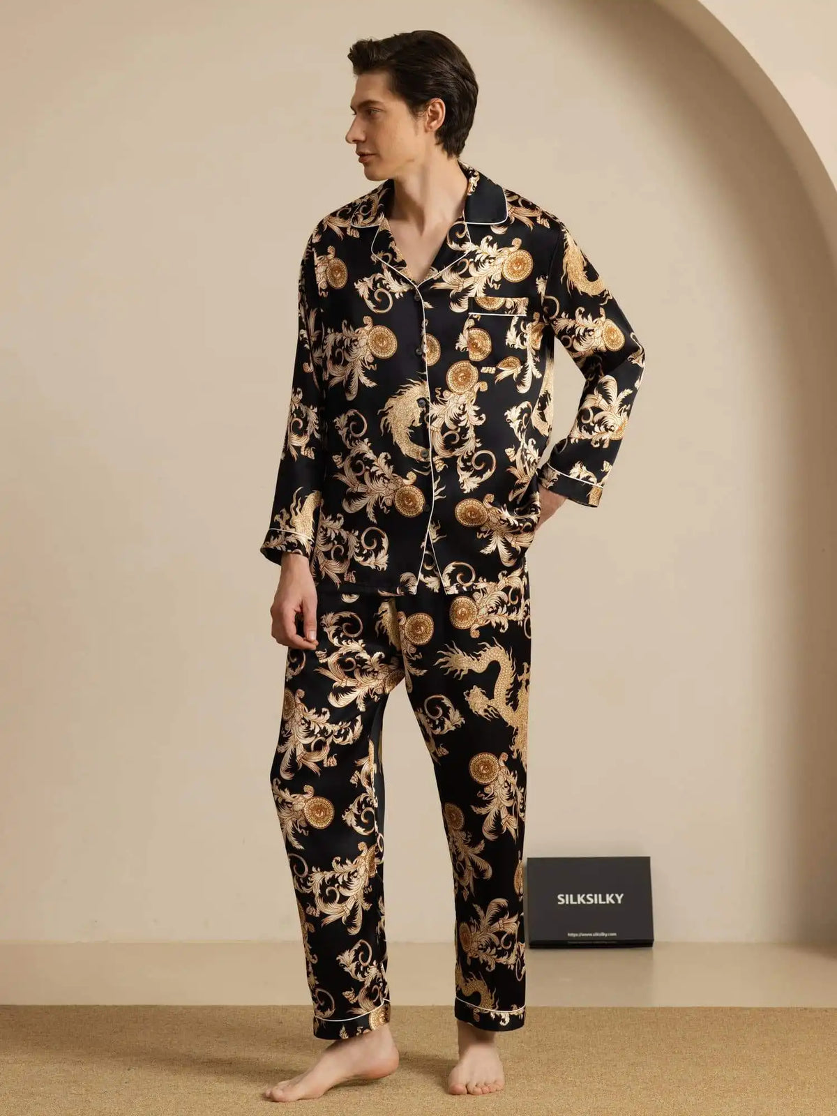 100% Mulberry Silk Men's Dragon Print  Long Sleeve Notch Collar Pajamas Set