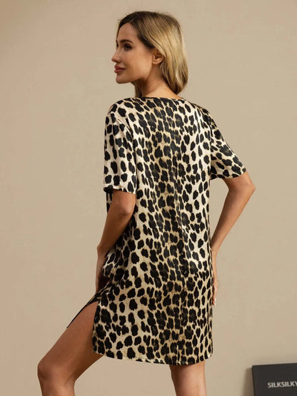 100% Mulberry Silk Half Sleeve V-neck Leopard Printed Short Nightgown with Split Design