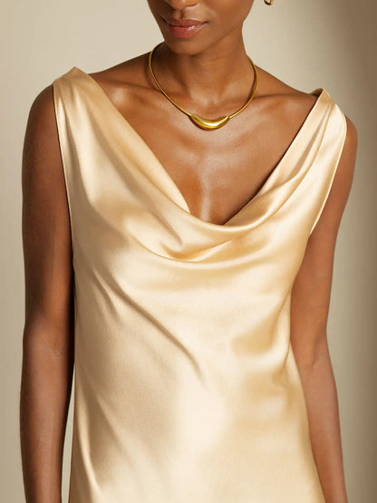 19Momme Silk Sleeveless Cowl Neck Knee Elegant Dress