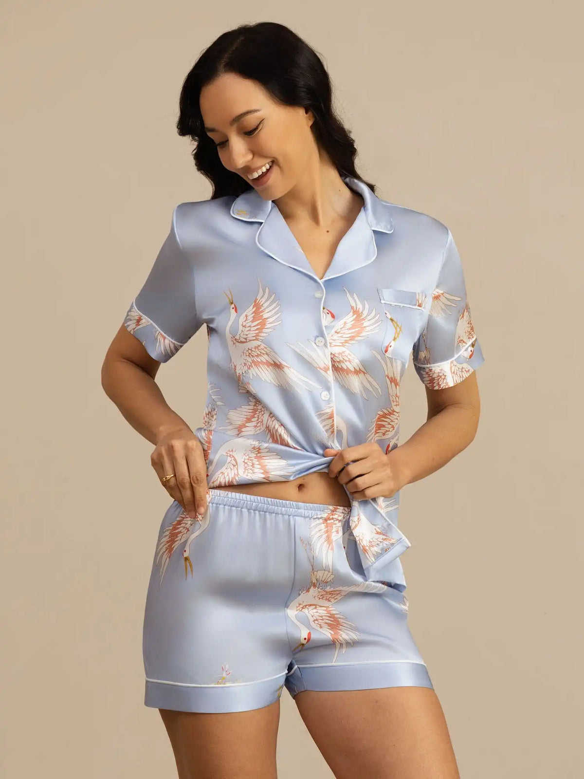19Momme Women's 100% Mulberry Silk Crane Print Short Sleeve Notch Collar Pajamas Set