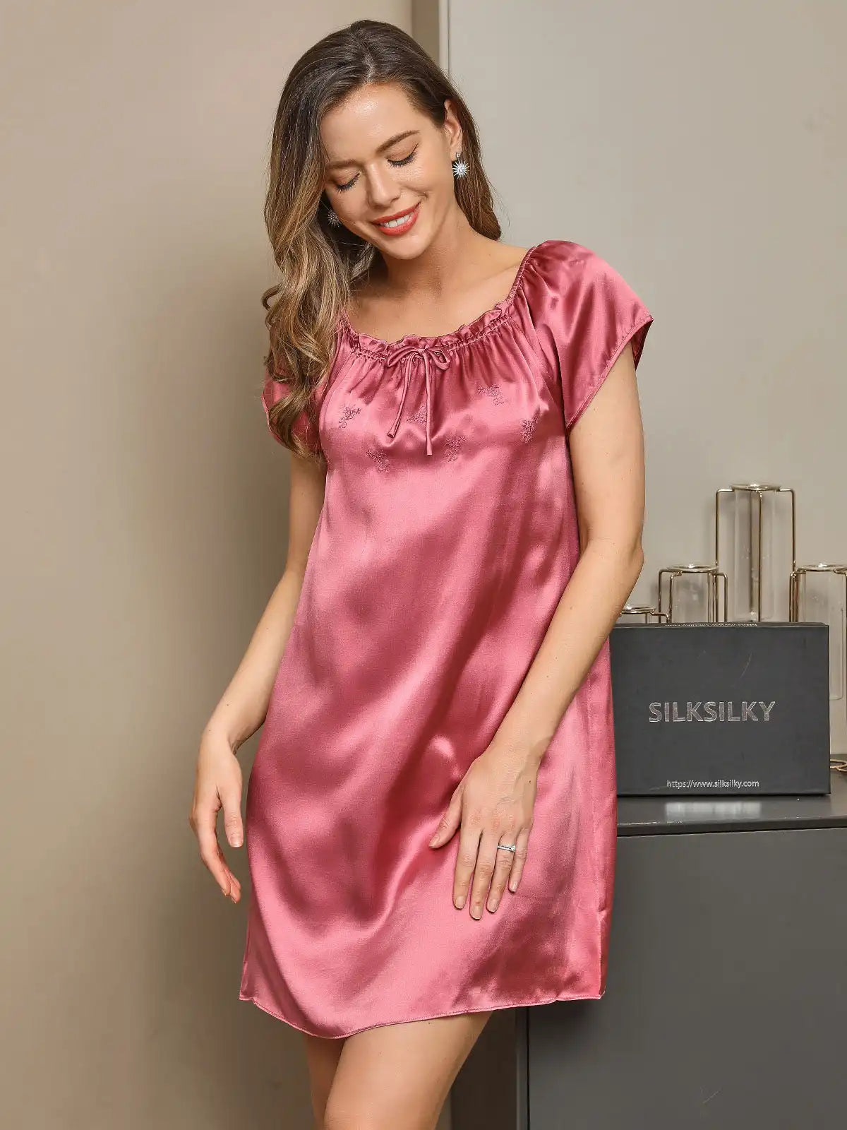 100% Mulberry Silk Cap Sleeve Square Neck Babydoll Short Nightgown