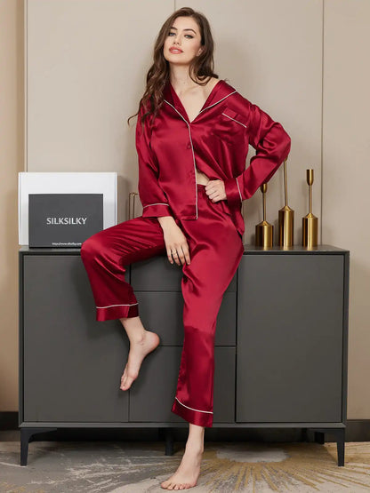 Women's 100% Mulberry Silk Long Sleeve Button Up Pajamas Set