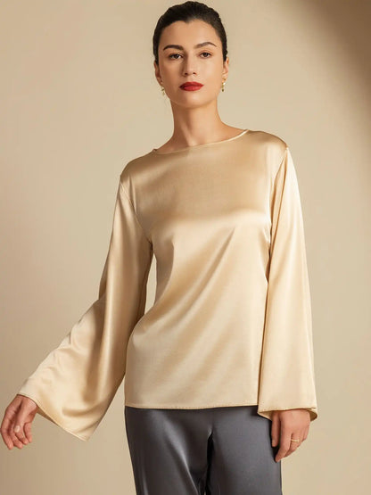19Momme Silk Bell Sleeve Boat Neck Women's Top