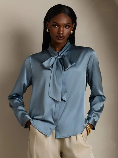 Elegant 19Momme Silk Long Sleeve Tie Neck Blouse