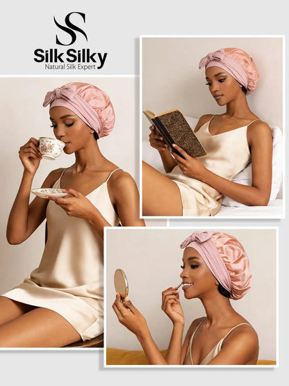 100% Mulberry Silk Double-Layer Bonnet with Adjustable Long Tie