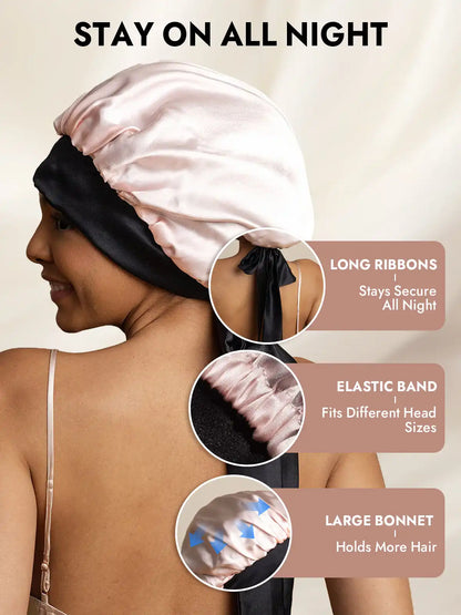 Women's 100% Mulberry Silk Casual Bonnet with Long Ribbons (Two-tone and Double-sided)