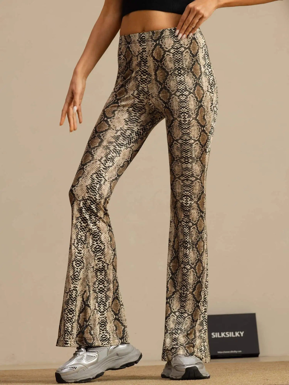 Clearance - Pure Silk Wild Animal Print Women's Flare Pants High Waisted Bell Bottom