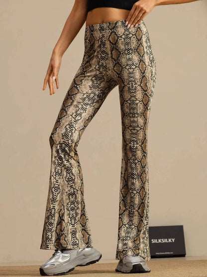 Clearance - Pure Silk Wild Animal Print Women's Flare Pants High Waisted Bell Bottom