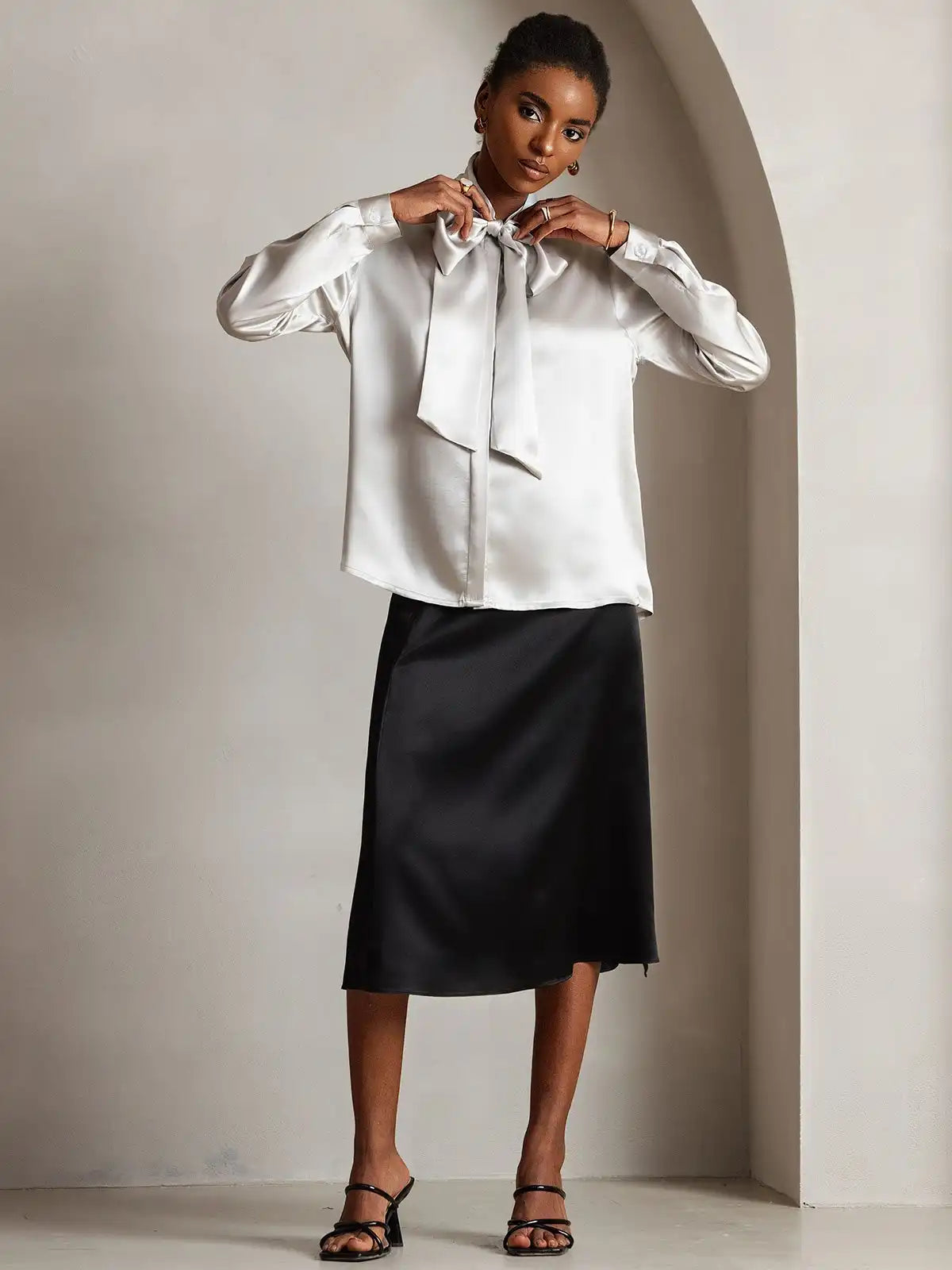 Elegant 19Momme Silk Long Sleeve Tie Neck Blouse