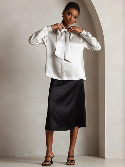 Elegant 19Momme Silk Long Sleeve Tie Neck Blouse